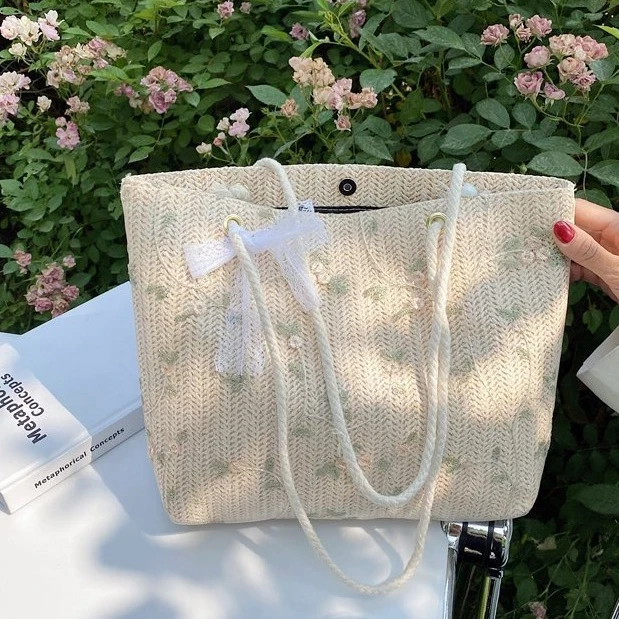 Túi cói phối ren tiểu thư cột nơ phong cách Hàn Quốc, Túi xách nữ